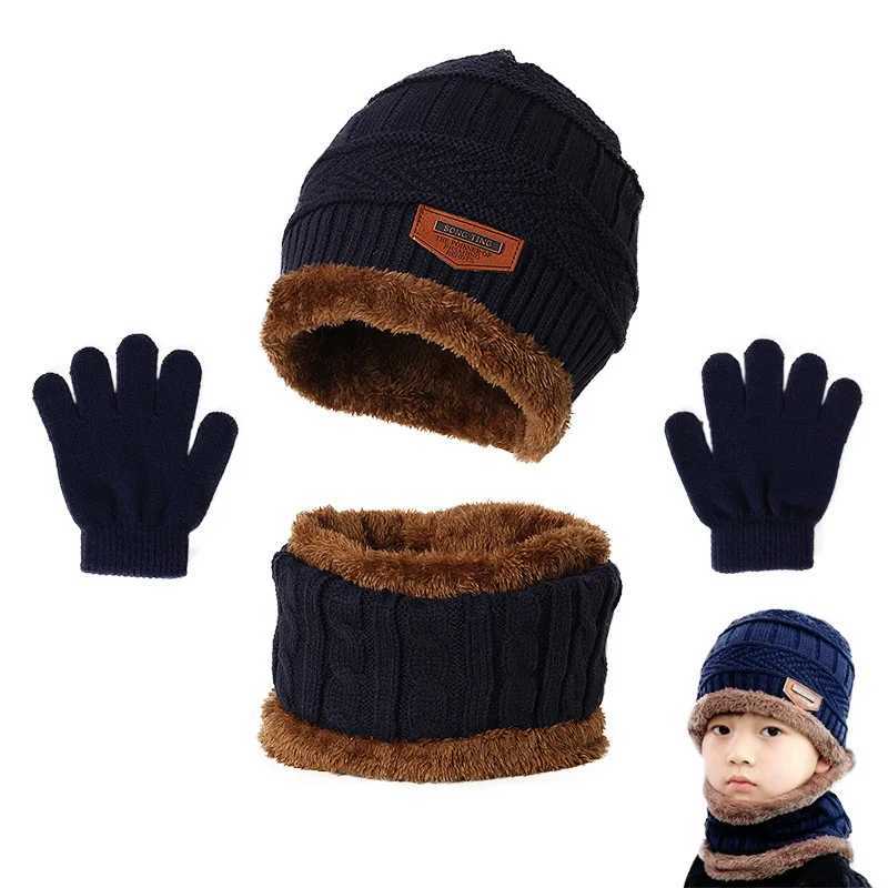 Scarves Wraps Winter Hat Scarf and Gloves Set Plush Warmer Children Knitted Hat Baby Boys Beanies Cap Neck Scarf Glove Suit For Kids Accessori H241213