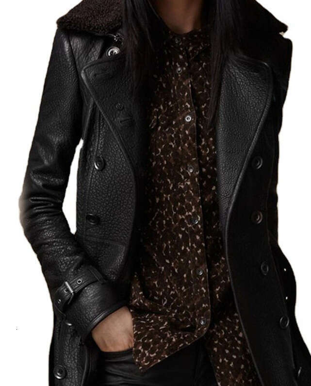 British Women's Fur Collar Medium To Long, Motorcycle Thick Leather Slim Fit Jacket, Fashionable Quality, Classic