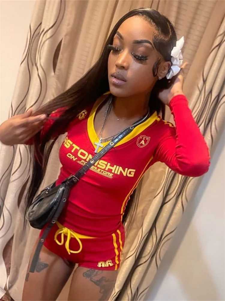 Women's Two Piece Pants WLWXR Fall Sporty Women 2 Piece Set Club Outfits 2024 Letter Print V-Neck Crop Tops+Matching Drawstring Shorts Casual Tra