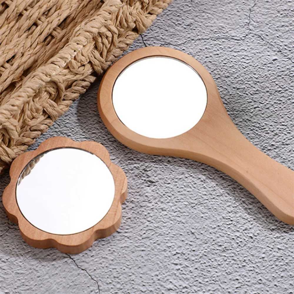 Wooden Hand Mirror Vintage Portable Round Cosmetic Mirror Compact Makeup Vanity Hand Held Mirror Women Travel MirrorsXJ241213