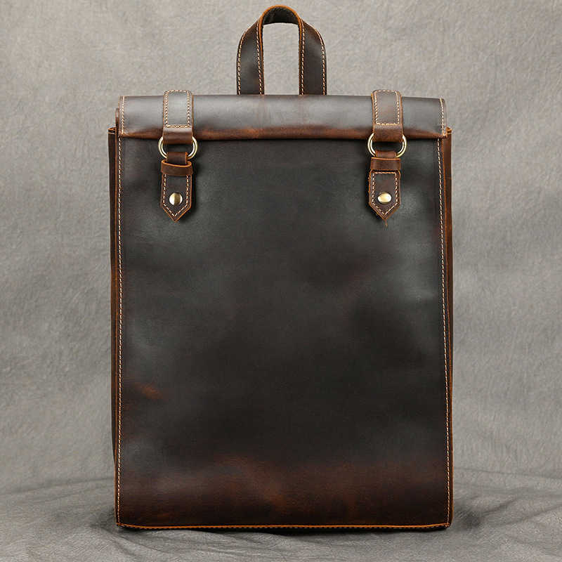 Men's large capacity leather backpack, casual business computer bag, men's crazy horse leather backpack, business travel backpack 241215