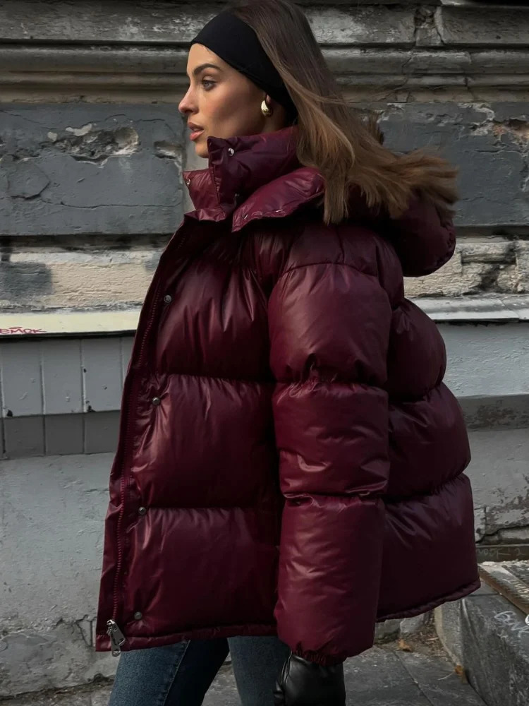 Fashion Burgundy Women Winter Hooded Cotton Jacket Vintage Solid Stand Collar Short Coat 2025 Lady Commute Street Outerwears 241212