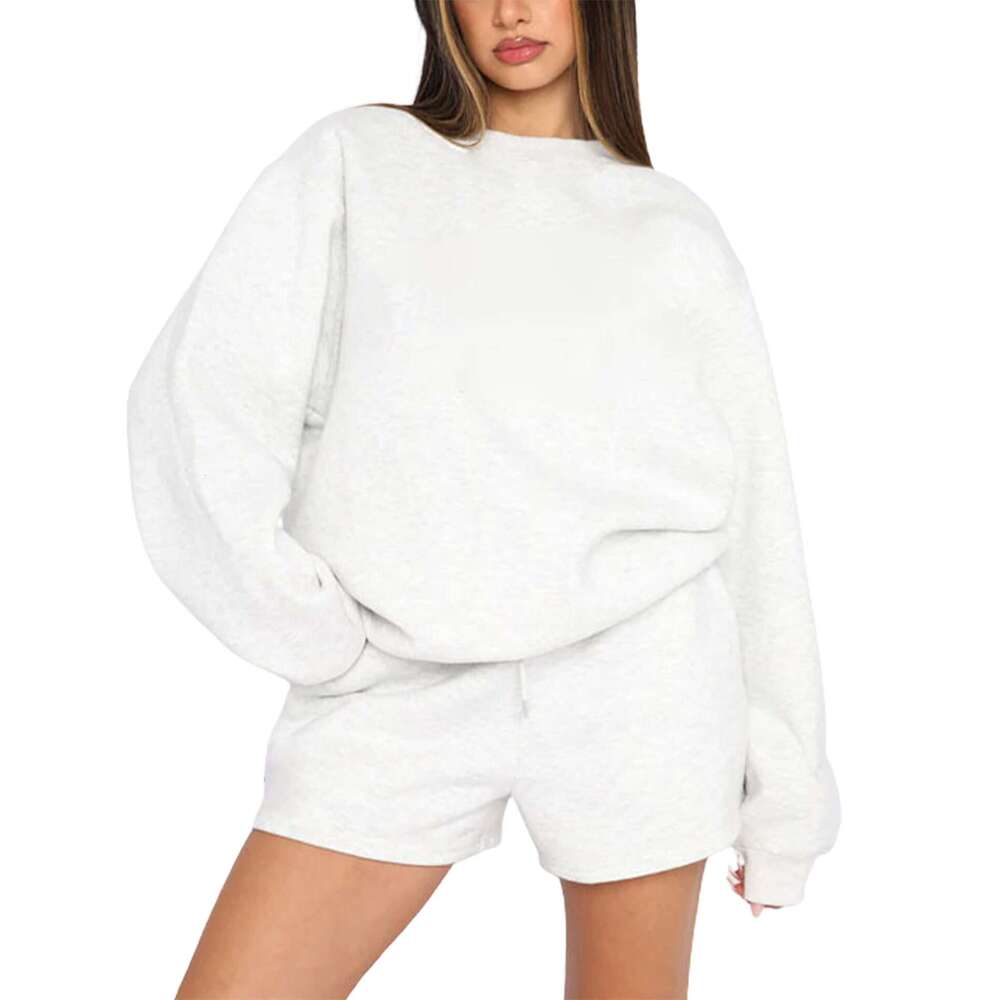 European American Spring And Autumn Solid Color Round Neck Pullover Long Sleeved Hoodie Women's Shorts Set Trendy Clothing Fashion Casual Tempera