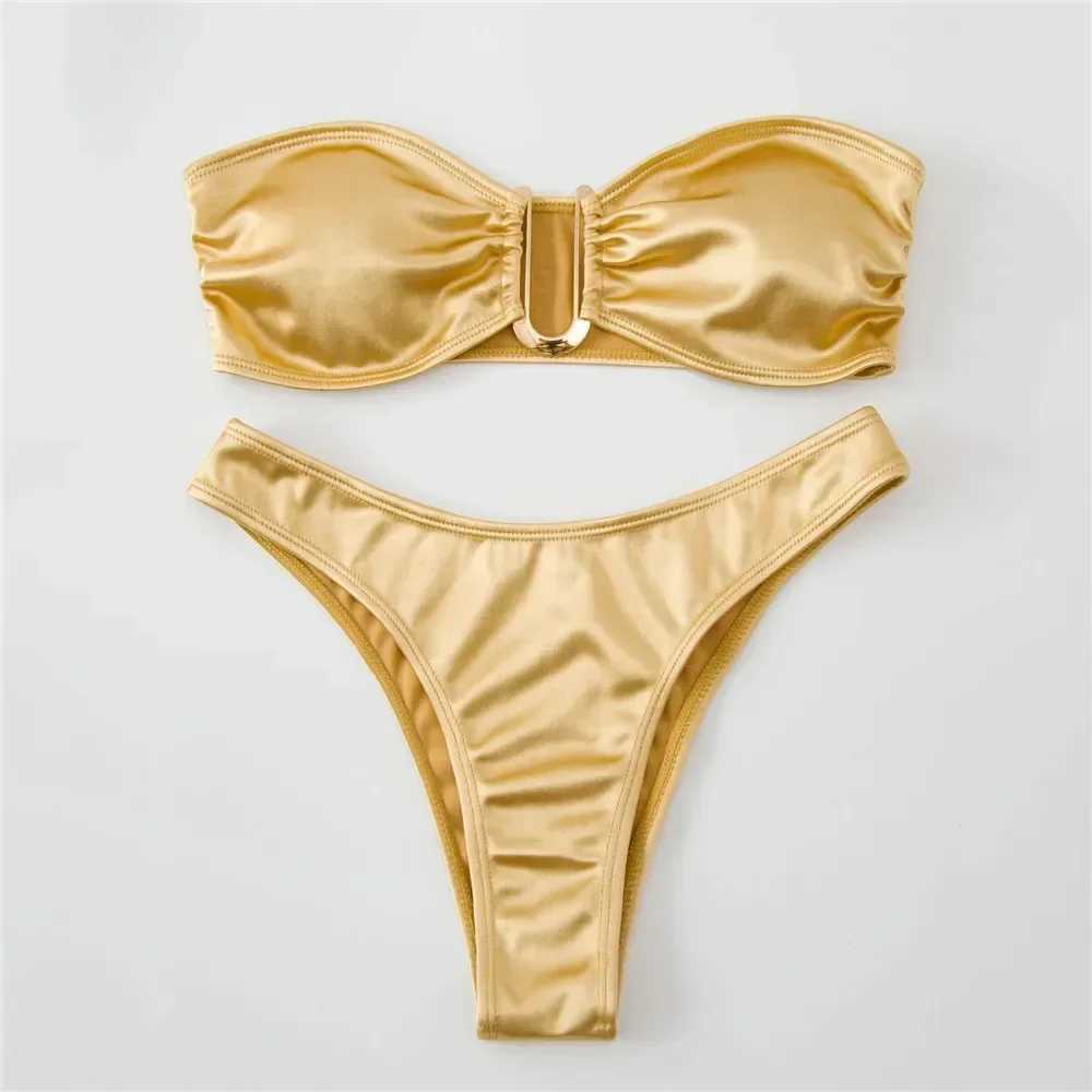 Sexy U Shaped Bandeau Bikinis Set Mujer Strapss Swimwear Women Gold Swimsuit Bathing Suit Biquinis Brazilian Bikini Swim 2024XJ241212