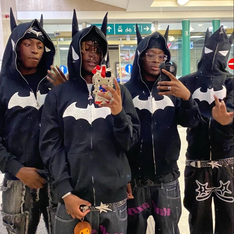 Y2k Zip Up Gothic Embroidery Bat Anime Hoodie Hip Hop Men Women Oversized Sweatshirt Haruku Rock Fashion Streetwear Top