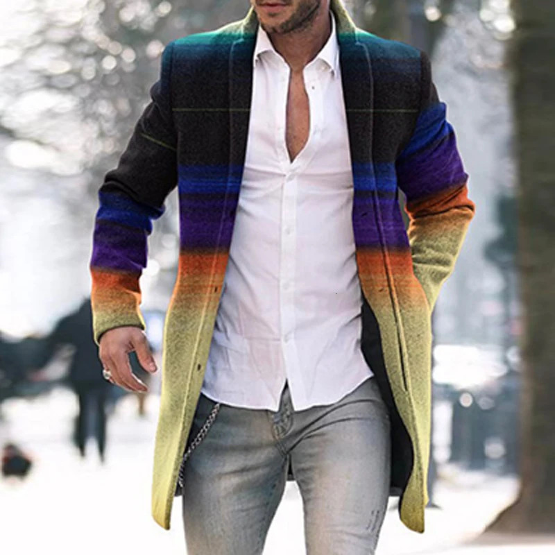 Retro Pattern Print Wool Blend Jackets Men Casual Turndown Collar Thick Man Cardigan Autumn Winter Singlebreasted Trench Coats 241213