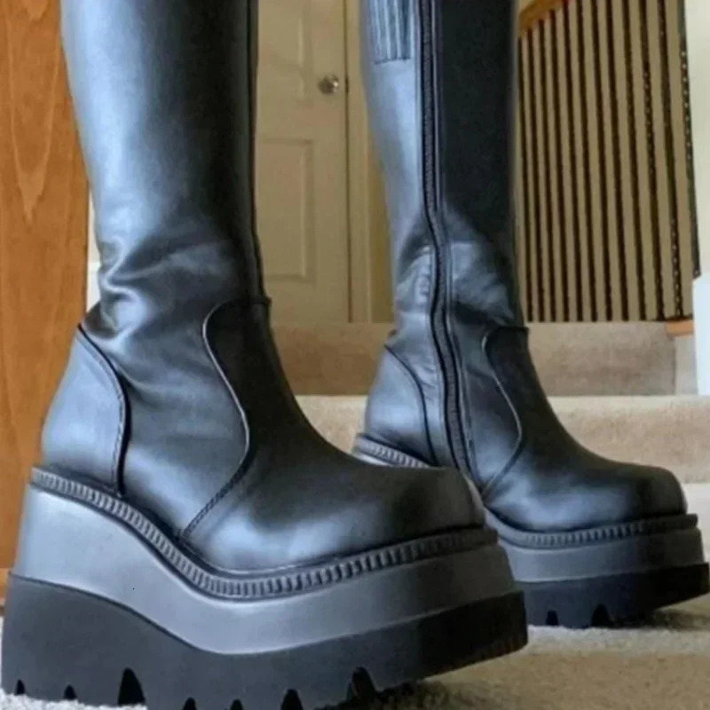 2024 Fashion Platform Womens Battle Winter High Heels High Quality Long Thick Zipper Knee Boots Botas Unprinted Platform Shoes 241213