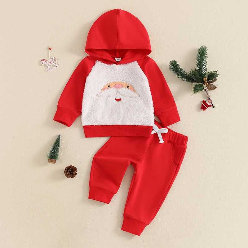 Christmas Set for Preschool Boys and Girls Santa Claus Embroidered Long Sleeve Hoodie Elastic Waist Pants W241213