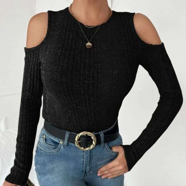 European and American personality 2023 autumn new product round neck off shoulder slim fit long sleeved T-shirt women, casual knitted top for women