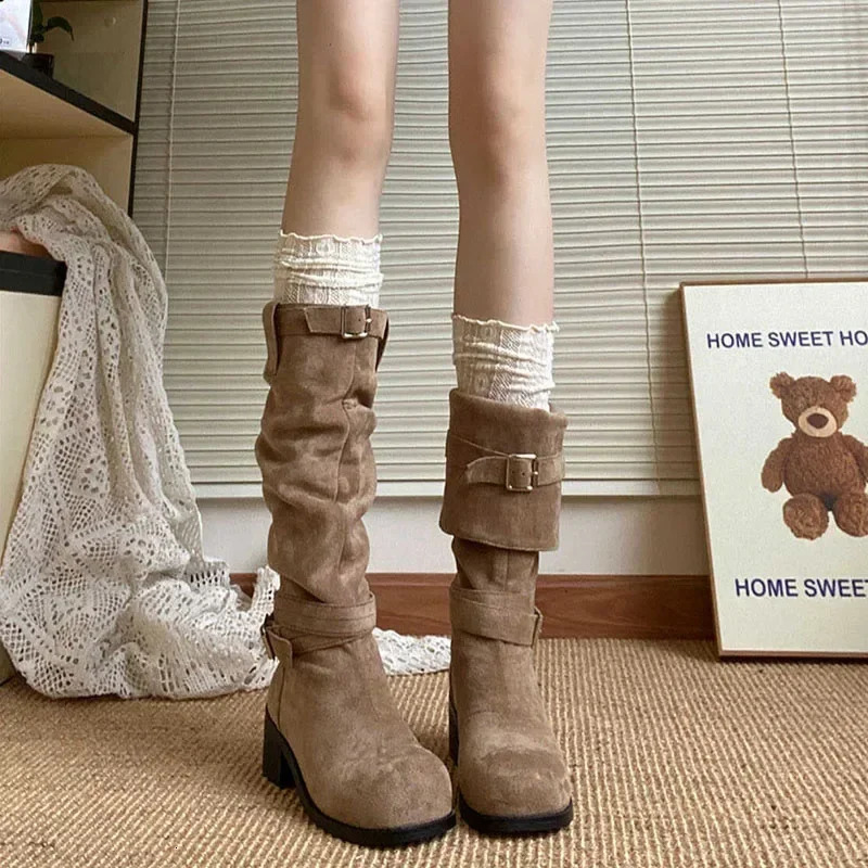 Platform Thick High Heels Womens Western Cowboy Boots Fashion Sliding on Folding Pile Long Boots Womens Shoes Autumn/Winter 241213
