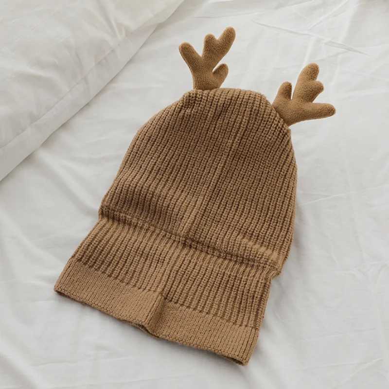 Deer Design Baby Hood Beanies One Piece Scarf Cap Winter Warm Knitted Ear Protection Hat Solid Color Infant Headgear BonnetXJ241213