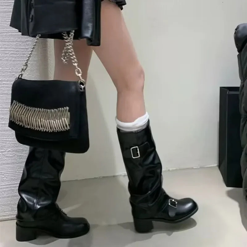 Womens boots knee high platform thick high heels trend punk gothic rock leather fashion womens shoes motorcycle shoes Q221 241213