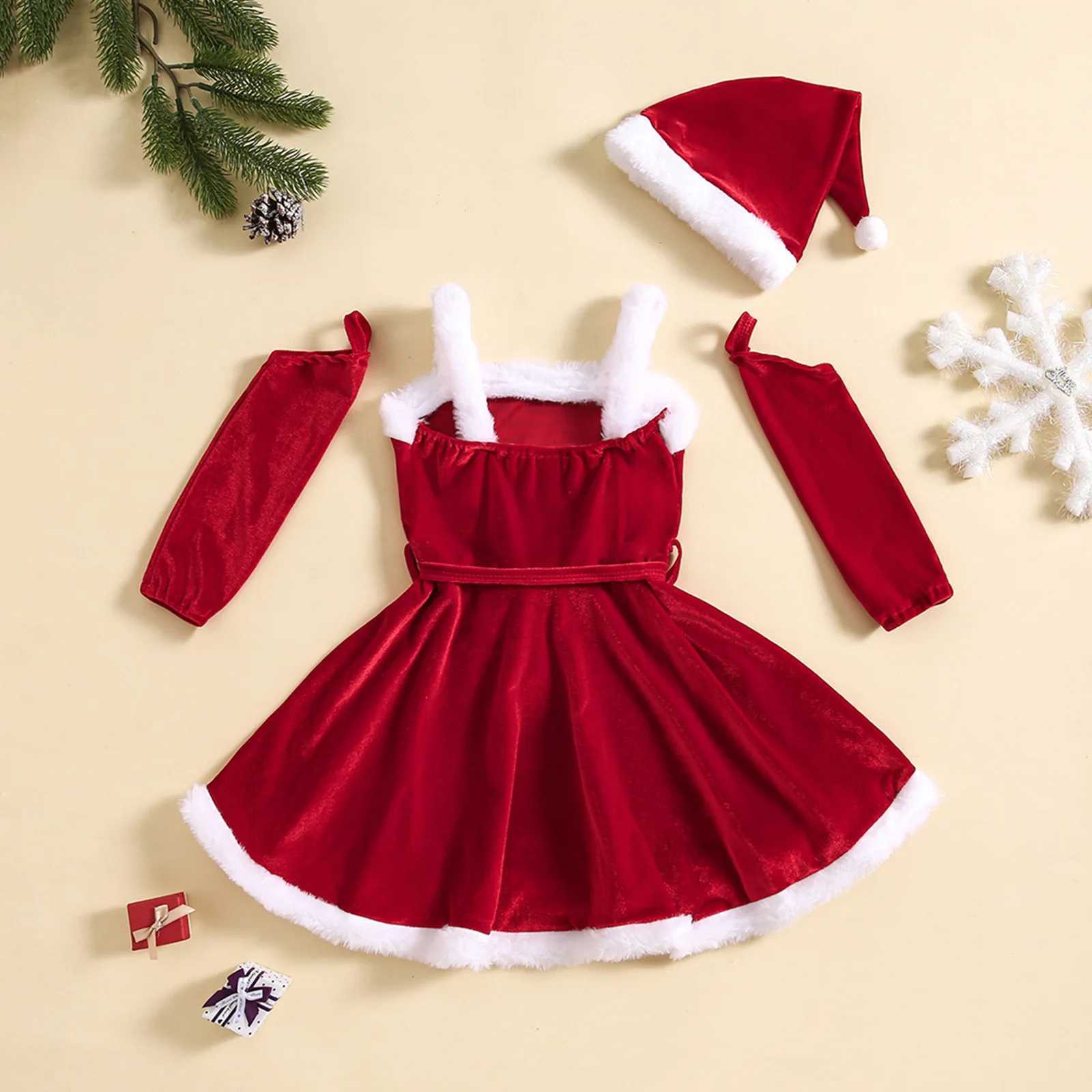 Girls Christmas Dress Set Autumn/Winter Velvet Pendant Dress+Sleepwear+Hat 3-Piece Baby Santa Claus Costume Holiday Costume W241213