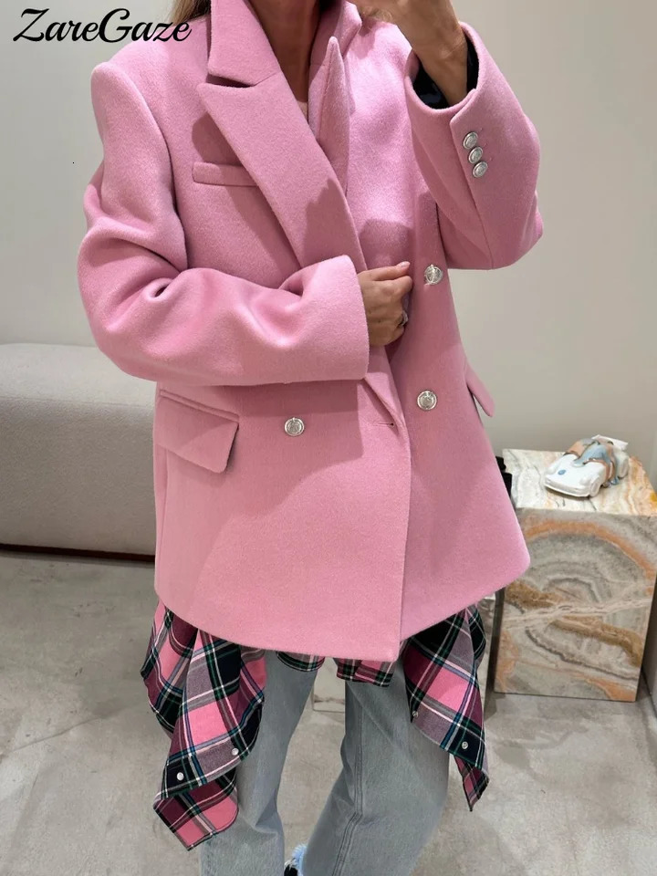 Street Pink Elegant Woolen Coat Women Fashion Lapel Long Sleeve Buttons Loose Jackets Autumn Winter Thick Warm Lady Outwear 241213