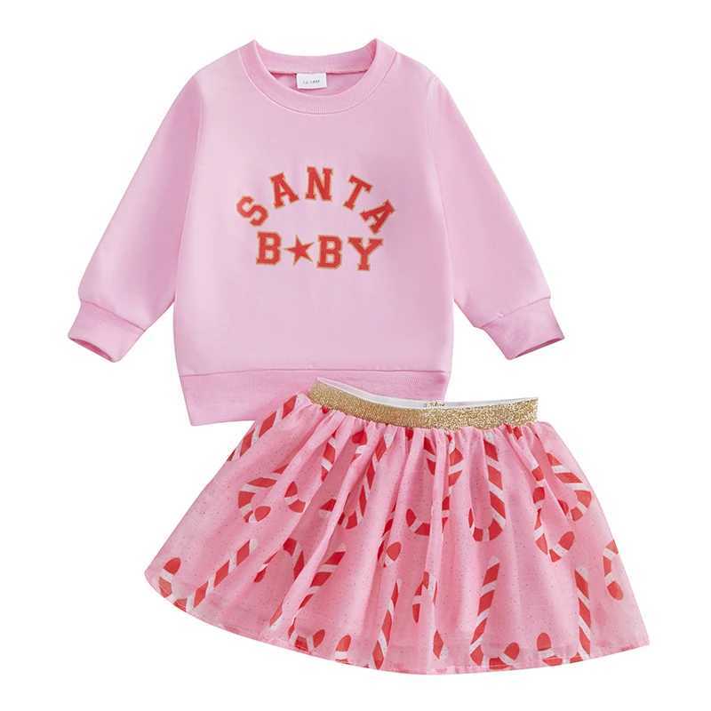 2 pieces of round neck long sleeved sweatshirt+candy canvas printed chiffon ski set for children and girls Christmas set baby clothing W241213