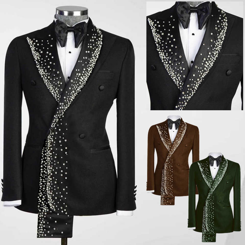 Gorgeous Wedding Suits Beaded Crystal 1 Piece Set Coat Peaked Lapel Fashion Men Tuxedos Double Breasted Formal Groom Tuxedo Suit Customized