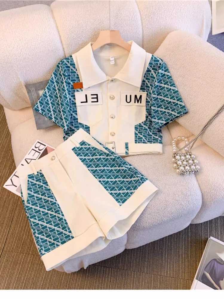 Women's Two Piece Pants Summer Korean Commuter High Waist 2-Piece Set Women New Polo Collar Color Matching Belt Top+Wide Leg Shorts Casual Elegan