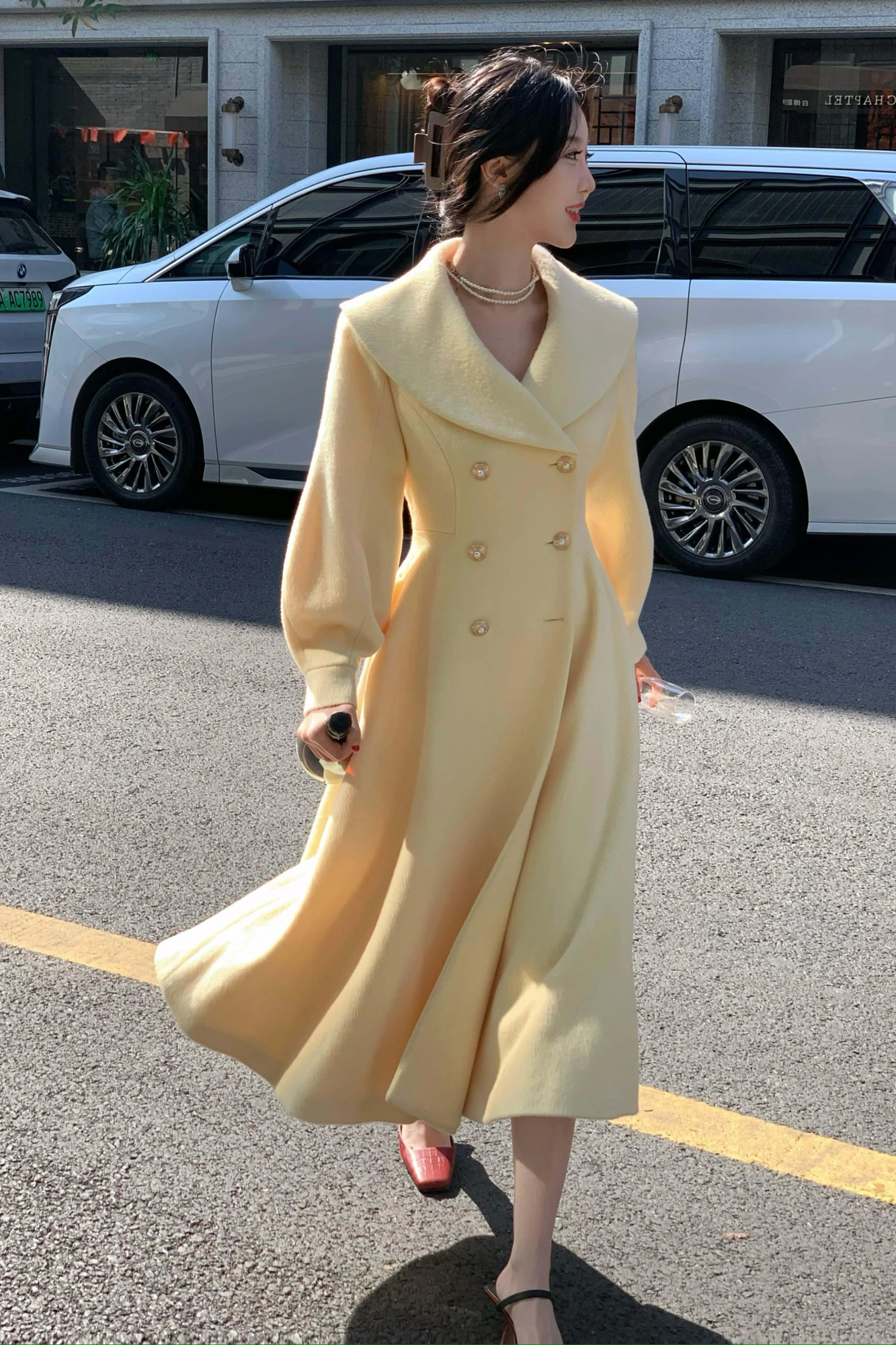 Fall and Winter Korean outerwear pattern French Retro Small fragrant big collar woolen coat lantern sleeves 241213