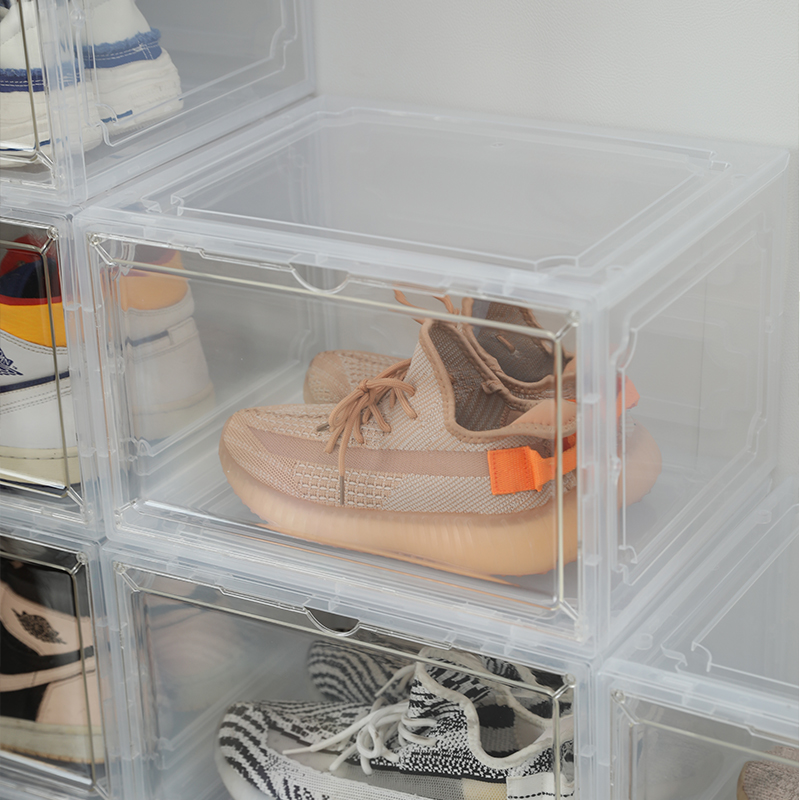 New side opening transparent basketball shoe box acrylic magnetic foldable flip storage shoe box shoe storage box