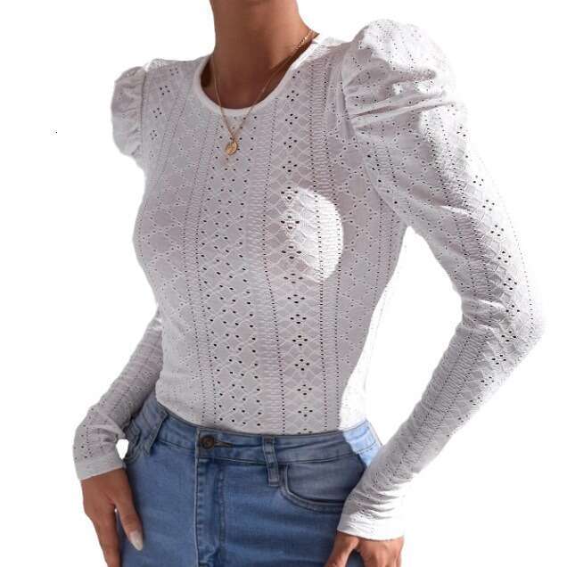 2023 European American autumn and winter new solid color long sleeved jacquard fashionable casual T-shirt