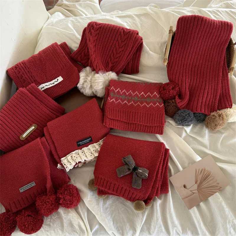Scarves Wraps Winter New Years Scarves Children Christmas Red Solid Color Scarf For Girl Baby Gift Retro Trend Imitation Cashmere Warm Shawl H241213