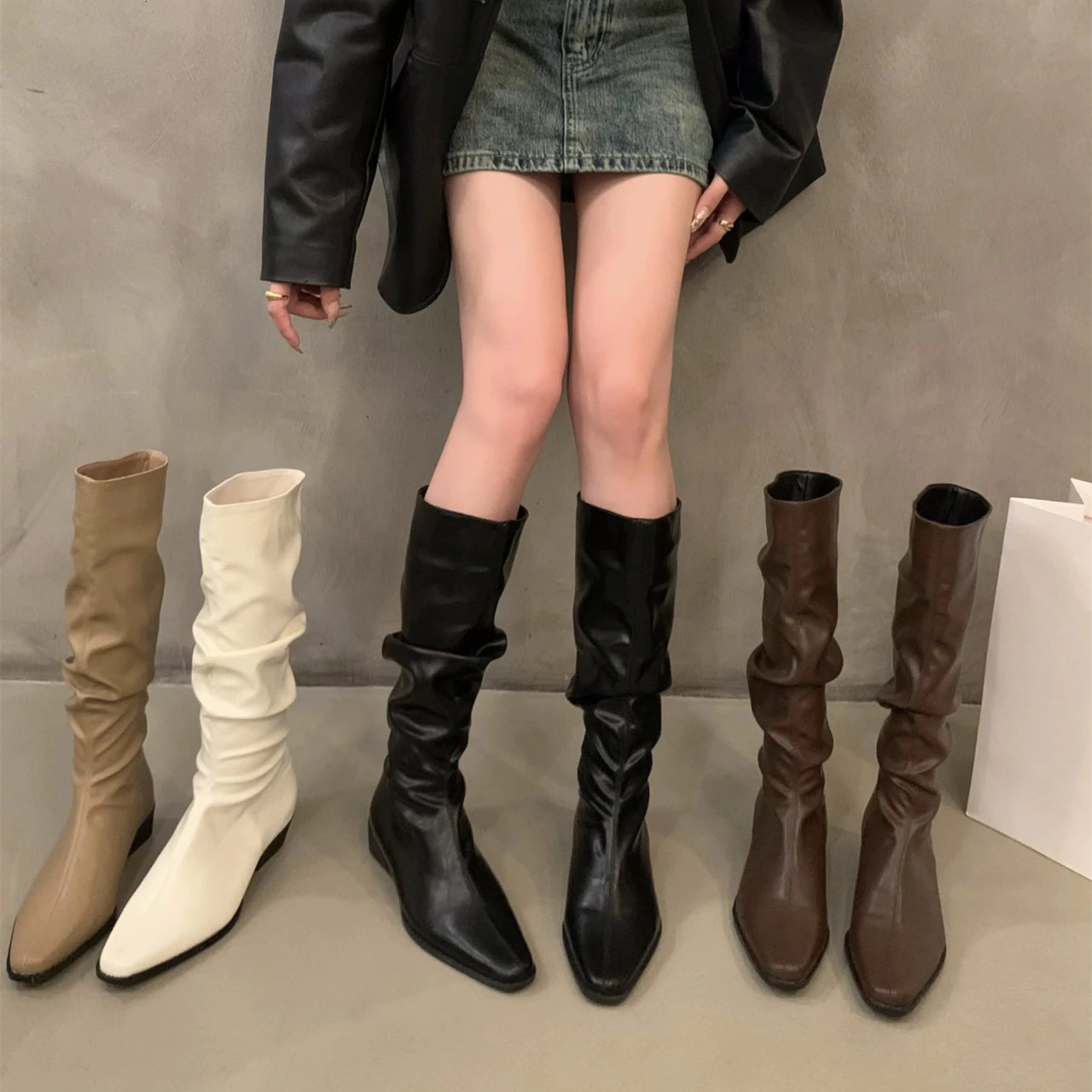 Women Knee High Boots Autumn Winter Female Shoes Fashion Female Slip-on Folds Low Heel Round Toe Flat Long Boots Womens Boots 241213