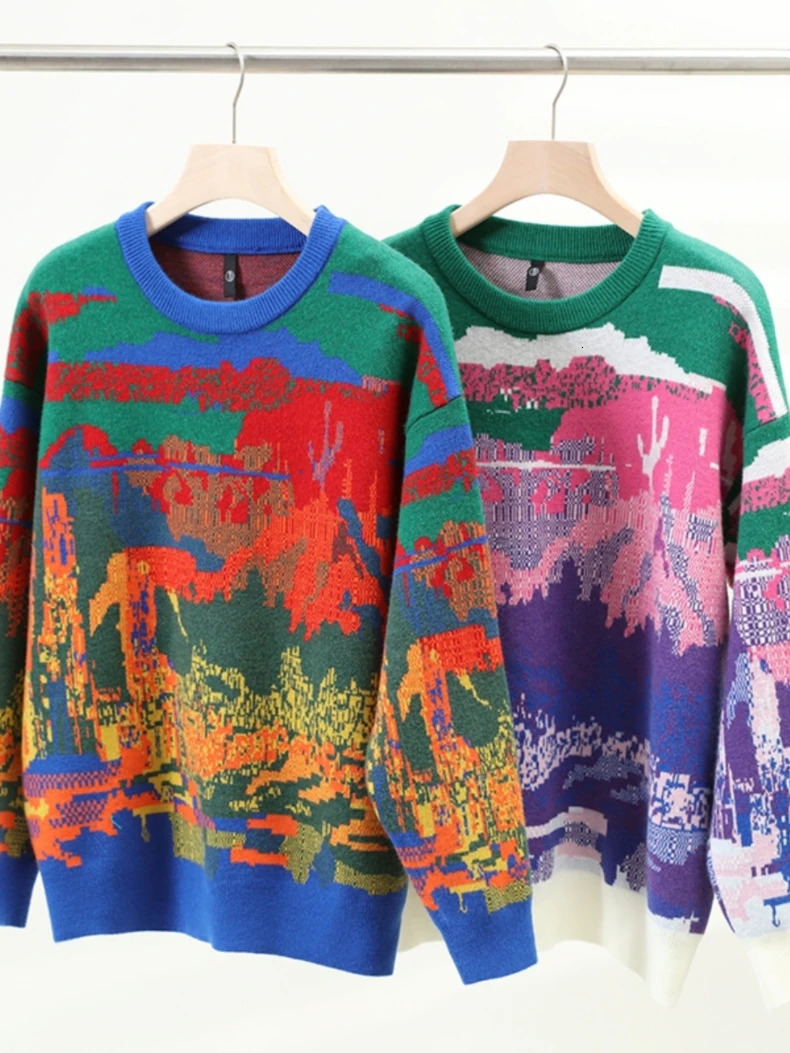 Winter Knitted Sweater Men Women Print Graffiti Knitwear Japanese Crewneck Jumper Couple Pullover Male Youth Geometirc 241213
