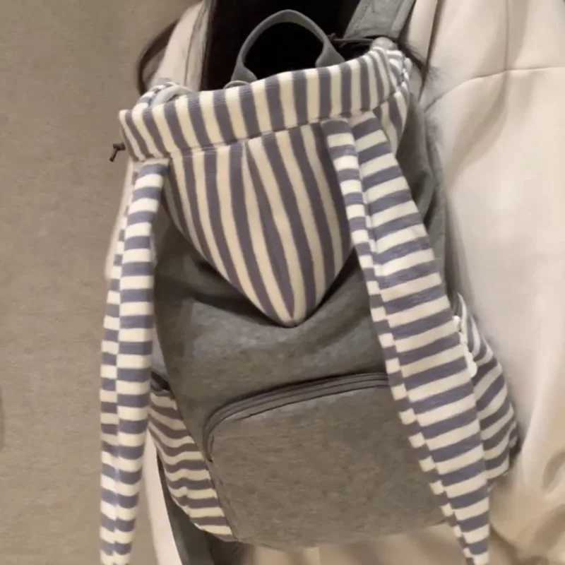 Striped Korean Style Gray Backpacks Rabbit Ears Design Casual Bags Large Capacity Student Tote Bags Versatile Backpack For Wen Z241212