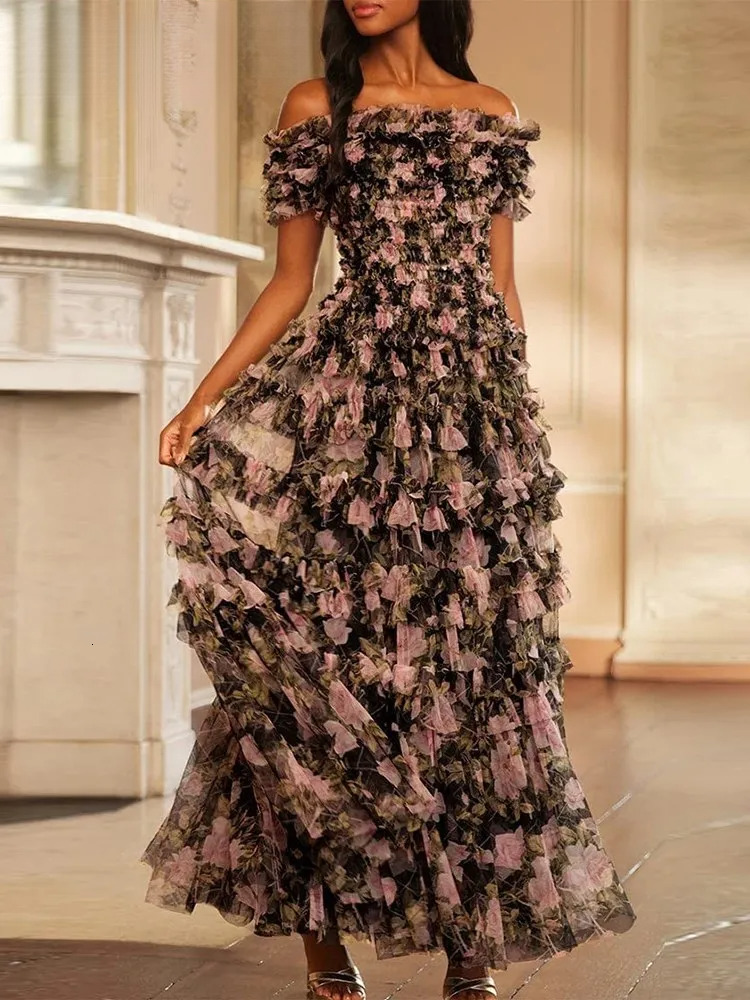 Hit Color Printing Dresses For Women Slash Neck Short Sleeve High Waist Elegant A E Dress Female Fashion Clothes