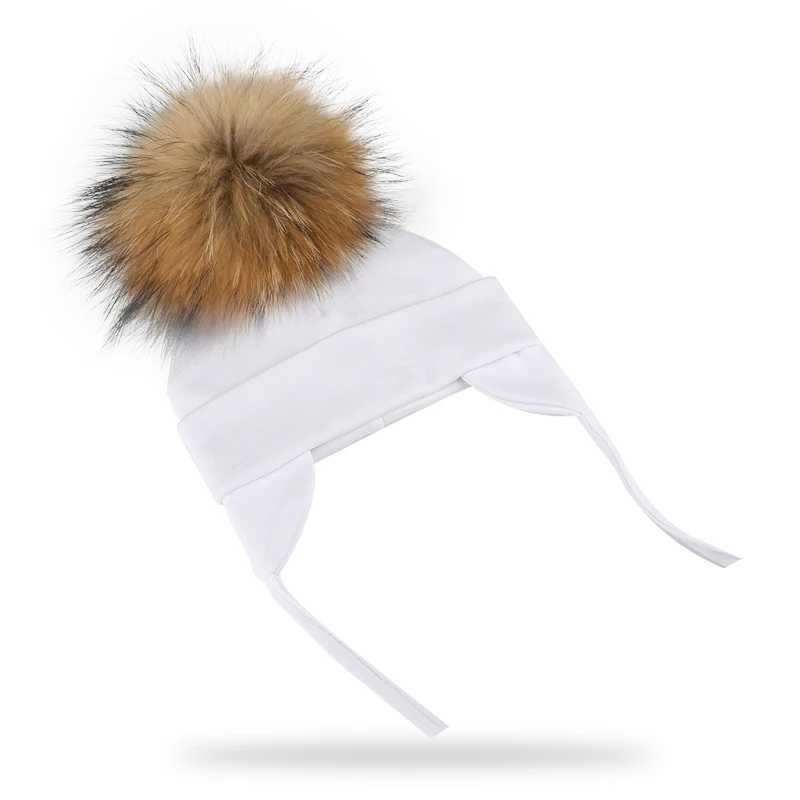 Autumn Winter Natural Raccoon Pompom Cotton Cap For Newborn Earflap Baby Hat With Real Pompon Kids BonnetXJ241213