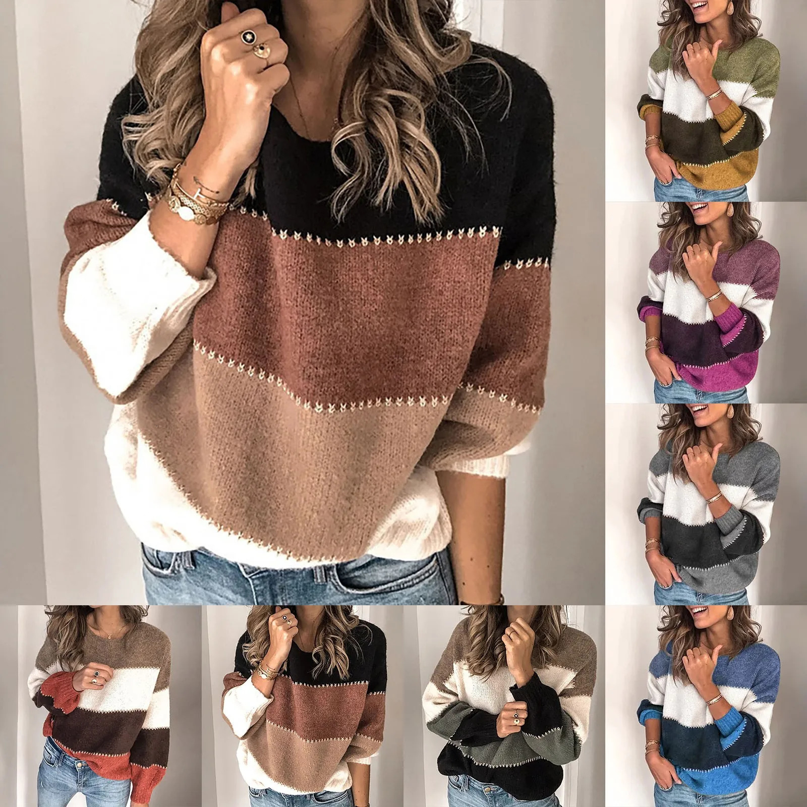 WomenS Striped Knit Sweater Crew Neck Long Sleeve Loose Warm Pullover Casual Fashion Comfortable All Match 241203