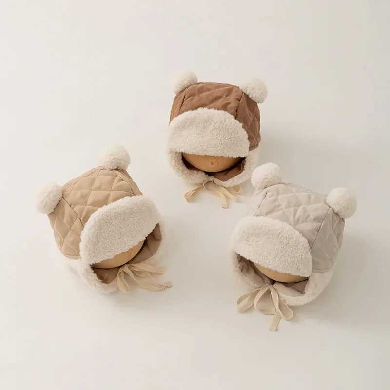 Cute Newborn Lamb Fleece Warm Cap 3-18M Baby Winter Ear Protection Hat Solid Color Outdoor Windproof Boy Girl Earmuffs BeanieXJ241213