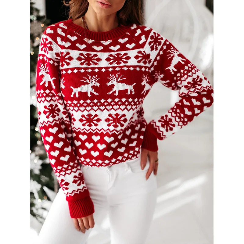 Autumn Winter Knitted Sweater Womens Round Neck Pullover Christmas Elk Snowflake Long Sleeve 241203