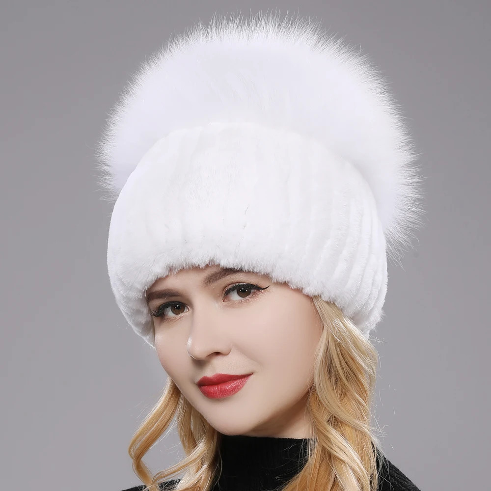 Russian Style Womens Genuine Fox Fur Hat for Girls Natural Genuine Rex Rabbit Fur Skull Hat Knitted Winter Genuine Fur Hat 241205