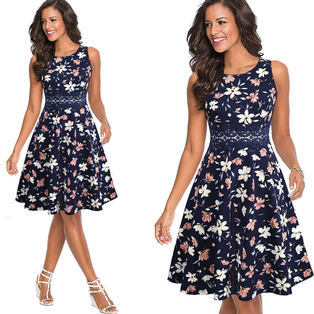 European And American Women's New Round Neck Sleeveless Lace Patchwork Printed Large Swing Skirt Dress, Fashionable Quality Classic