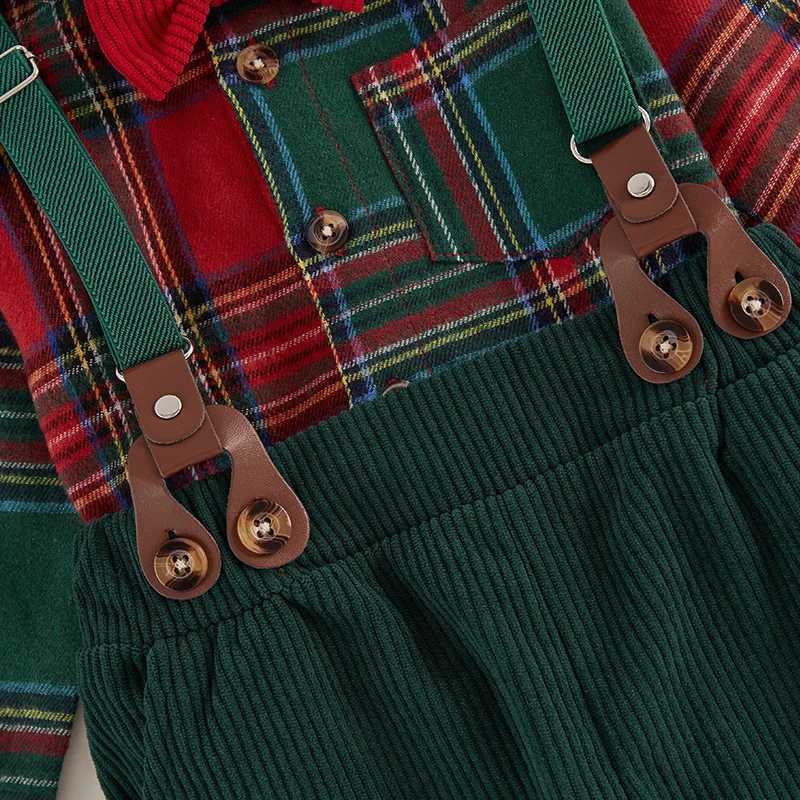 Pudcoco Toddler Kids Boy Gentleman Outfit Christmas Plaid Print Button Long Sleeves Shirt Suspender Pants Set Formal Wear 1-7T W241213