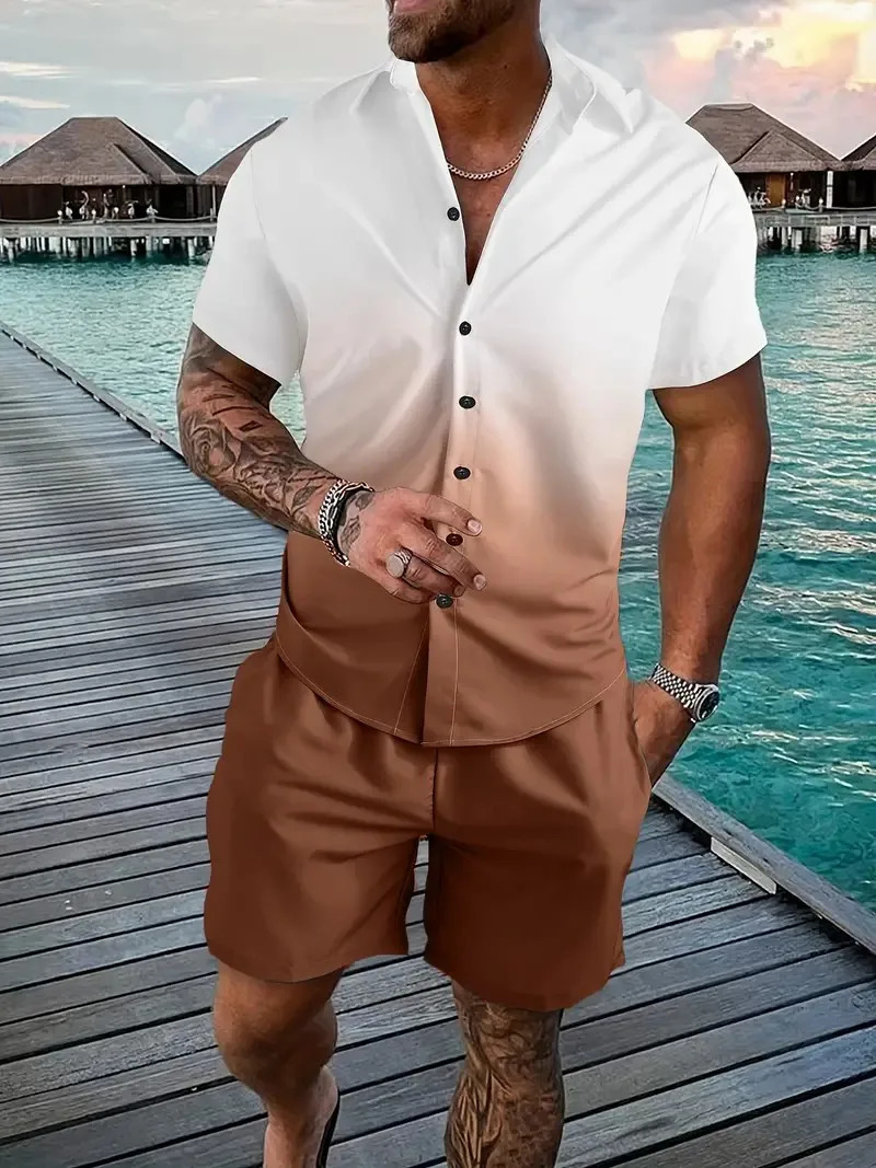 Summer mens twopiece shirt set fashionable lapel gradient printed casualfashionabledating good product 241211