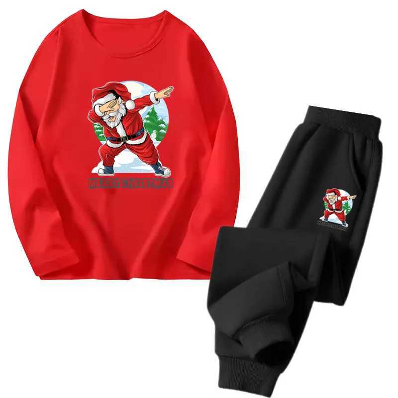 Childrens Christmas costume set boys cartoon Santa Claus song set long sleeved T-shirt and pants 2-piece childrens spring and autumn set W241213