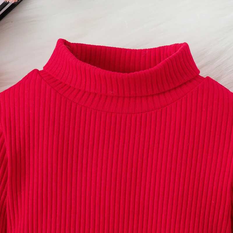 Children and Girls Autumn Clothing Christmas Party Set Long Sleeve Turtle Neck Knitted Ribbed Top+Checkered Mini Skirt 2-piece Set for Girls W241213