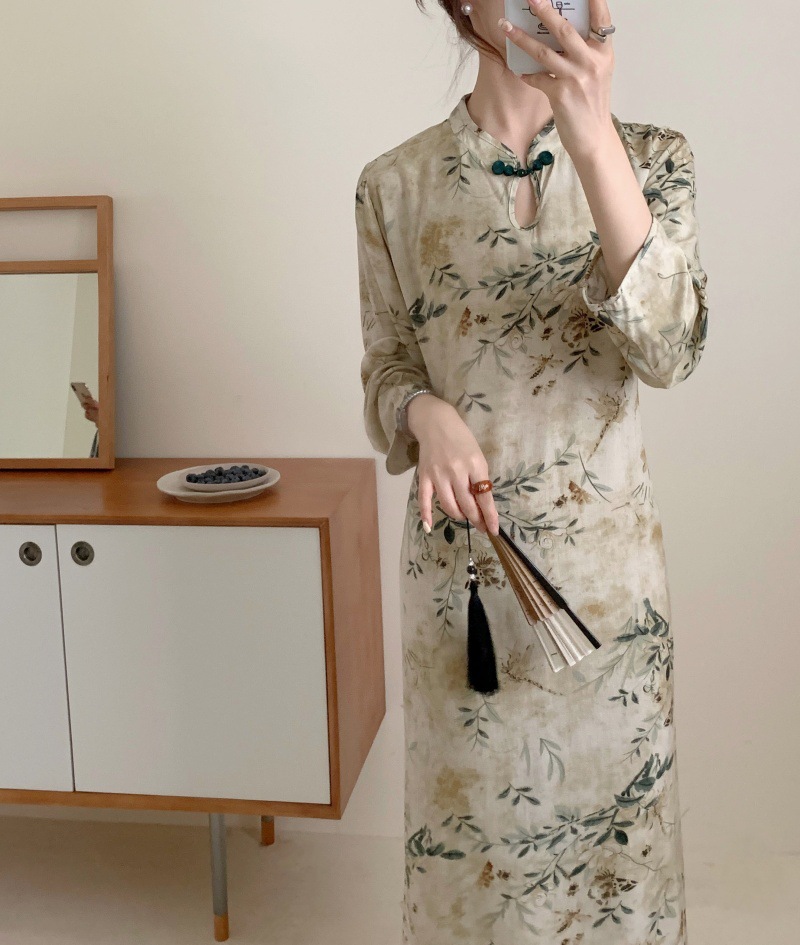G771 Retro long-sleeved new Chinese style green national style rayon improved cheongsam skirt protein cotton silk large size dress nightgown