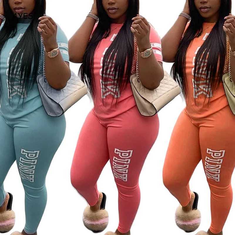 Women's Two Piece Pants Sexy Women Two Set Pcs Letter Print Sweat 2 Piece Set Womens Outfits Fashion Short Slve Tops Pants Set Summer Sportswear 