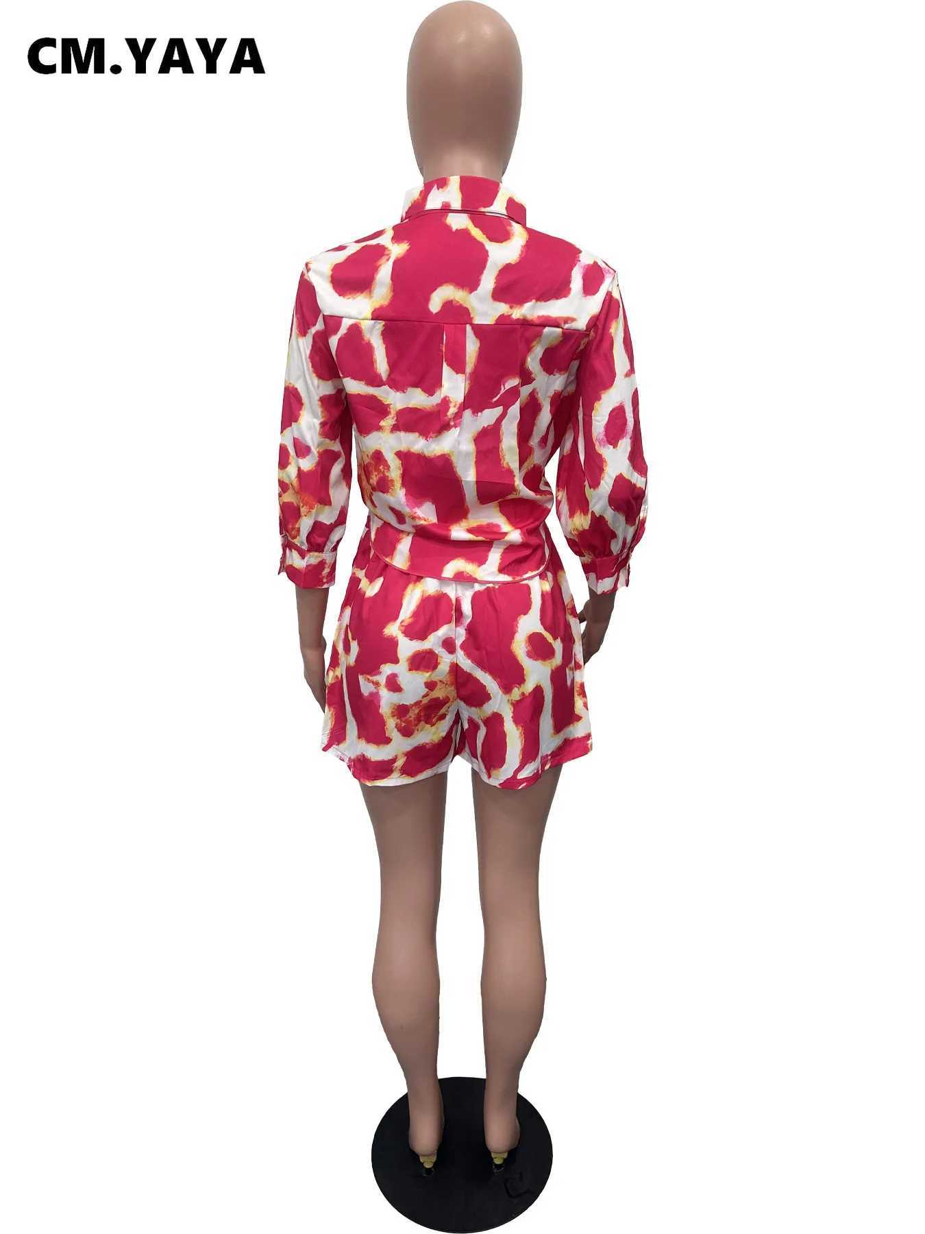 Women's Two Piece Pants CM.YAYA Womens Set Half Slve Print Shirt and Pencil Shorts Suit 2024 Autumn Active Strt Two 2 Piece Set Outfit Tracksuit 