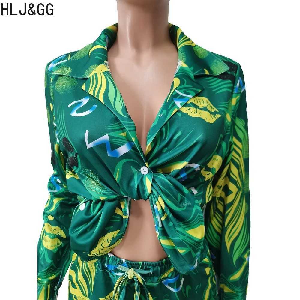 Women's Two Piece Pants HLJ GG Summer Print Shorts Two Piece Sets Women Turndown Collar Long Slve Shirt + Shorts Outfits Female Holidays 2pcs Clo