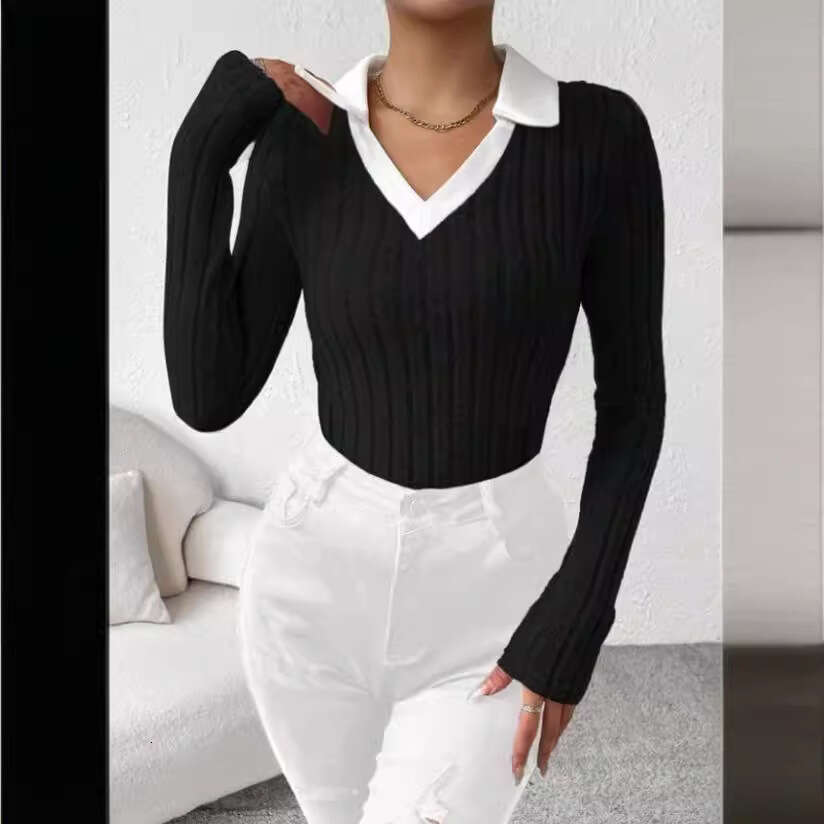 European American 2024 Spring Autumn new pullover knitted long sleeved top with large V-neck and simple base T-shirt