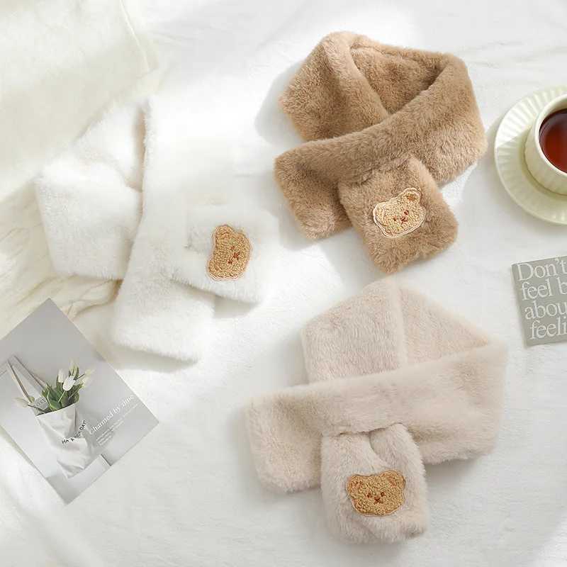 Scarves Wraps Cute Bear Embroidered Baby Scarf Winter Warm Plush Toddler Neckerchief Korean Cartoon Imitation Rabbit Fur Kids Scarves H241213
