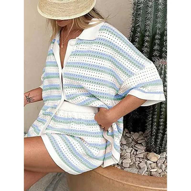 Women's Two Piece Pants JINIA Summer Striped Knitted 2 Piece Short Sets Women 2024 Casual Single Breasted Lapel Cardigan Short Sets Ladies Boho O