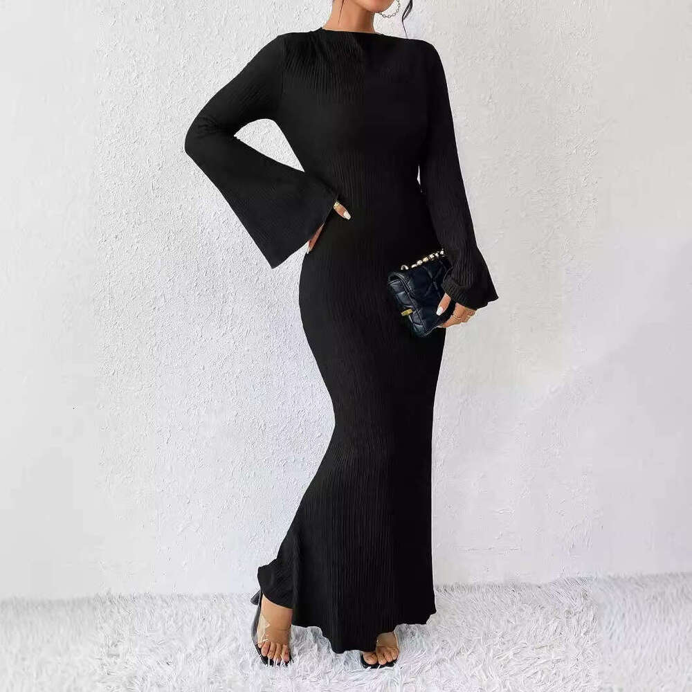 European American style 2024 autumn and winter new women's fashion round neck trumpet long sleeved slim fit hip hing dress for women