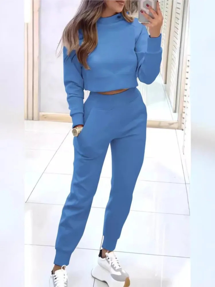 Autumn Winter High Neck Slim Fit Long Sleeve Short Women Solid Color Suit Elegant Fashion Pocket Petite Pants 2 Piece Set Female 241203