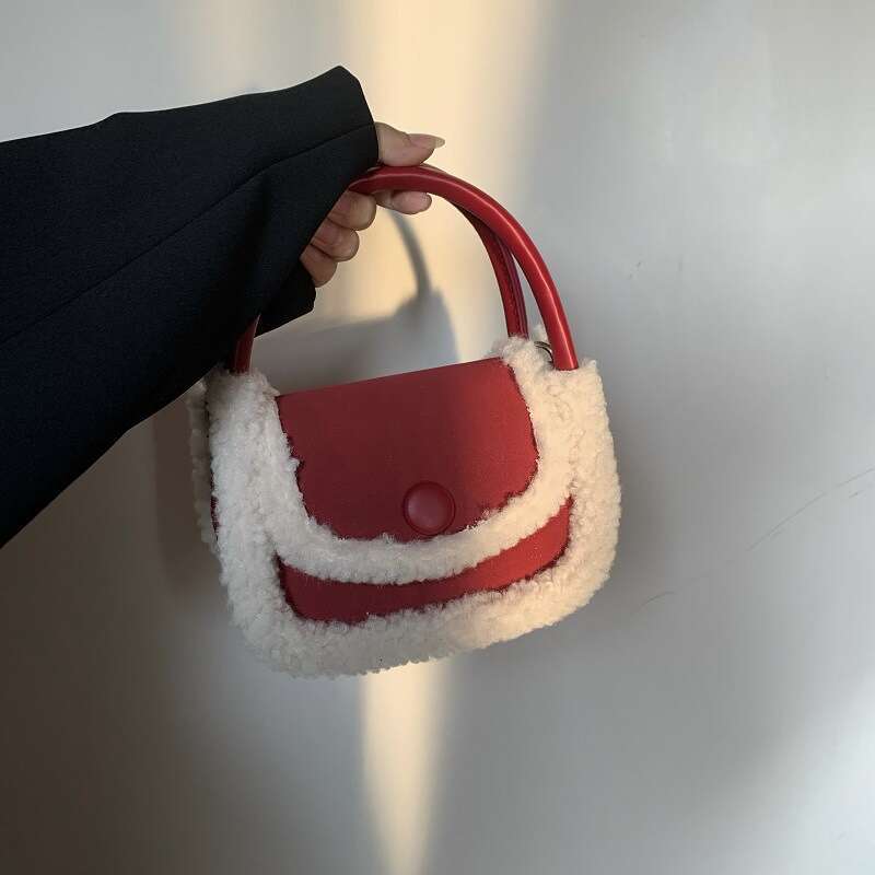 Autumn and Winter Lamb Hair Splice Xiaolongbao Women's New Year Red Handheld Small Square Versatile ins Saddle Bag