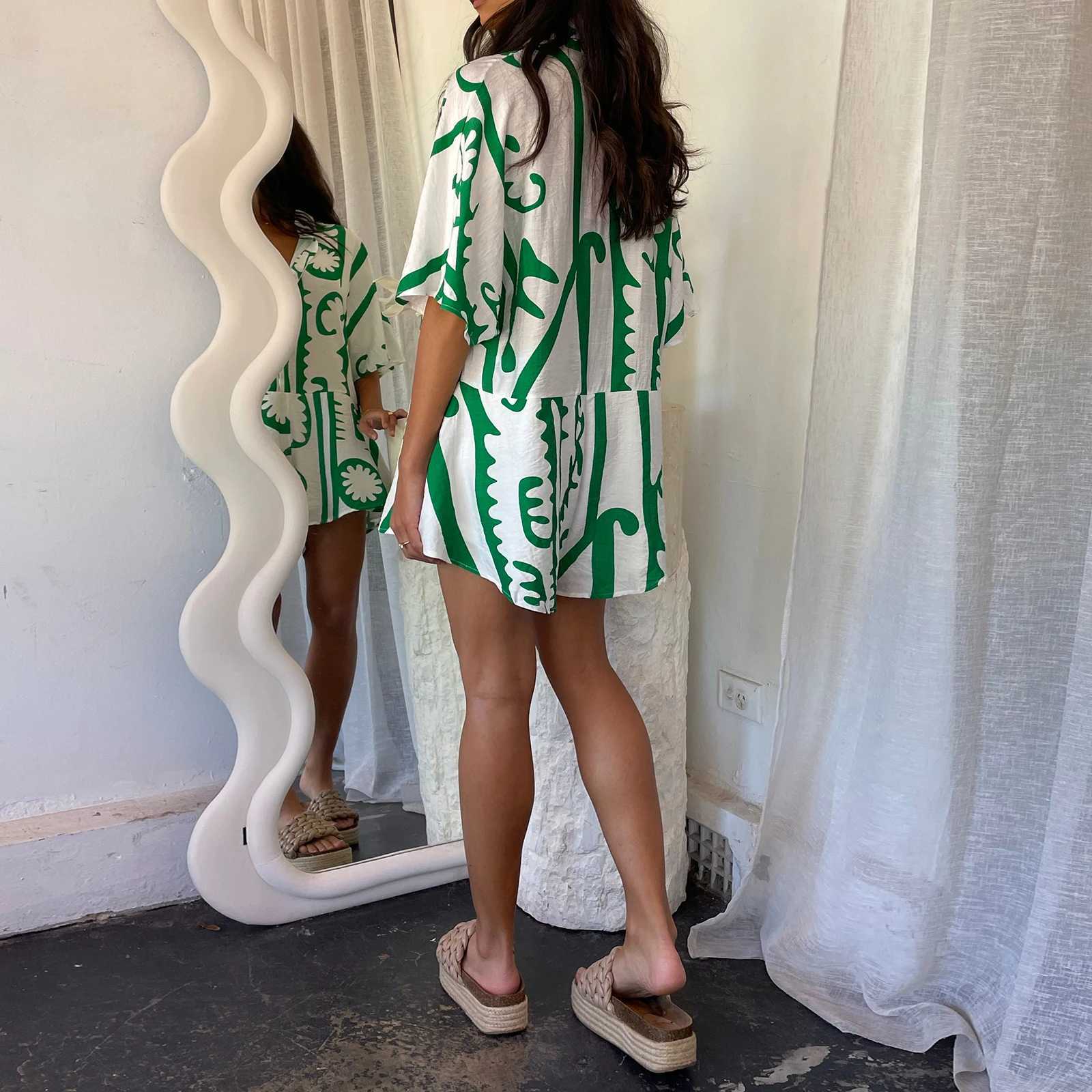 Women's Two Piece Pants Hirigin Women Graphic Shorts Romper Short Slve Buttons Jumpsuit Boho Floral Loose Fit Belted Playsuit Summer Beachwear Y2
